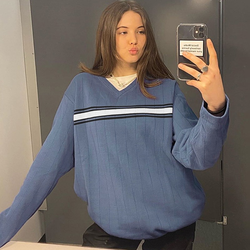 Egirl Preppy Style Striped V Neck Oversized Knitted Sweater