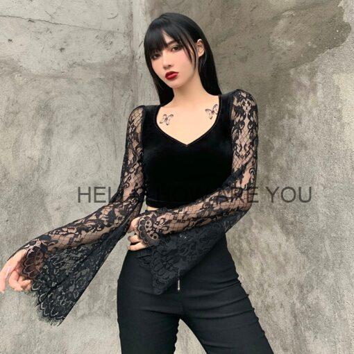 Gothic eGirl Sexy Lace Vintage Velvet Long Sleeve Crop Top