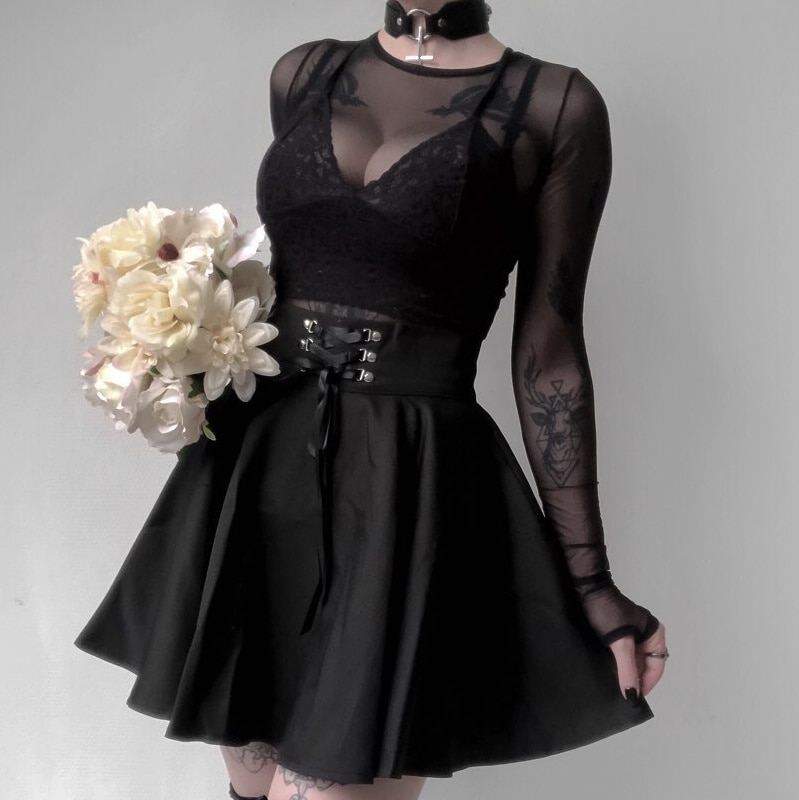 High Waist Pleated Lace Up Gothic eGirl Skirt