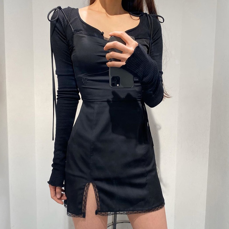Egirl Ruched Split Lace Sexy Mini Dress