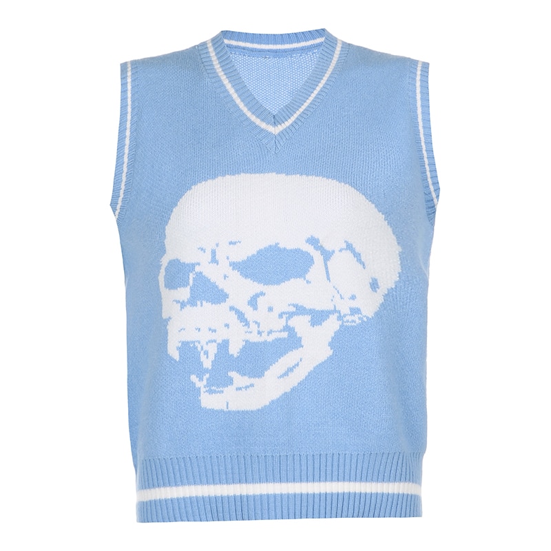 Egirl Skull Print Sleeveless Preppy Style Knitted Sweater (Many Colors)