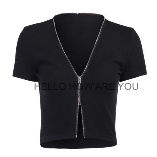 V-neck Short Sleeve Zipper Gothic eGirl Crop Top