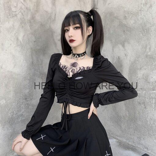 Kawaii Harajuku Gothic eGirl V-neck Long Sleeve Crop Top