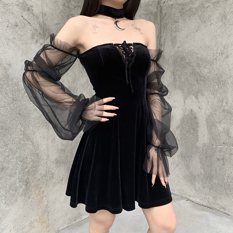 Gothic eGirl Vintage Aesthetic Long Sleeve Mesh Dress