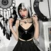 Vintage Sexy Black Aesthetic Gothic eGirl with Cross Lace Camisole Top