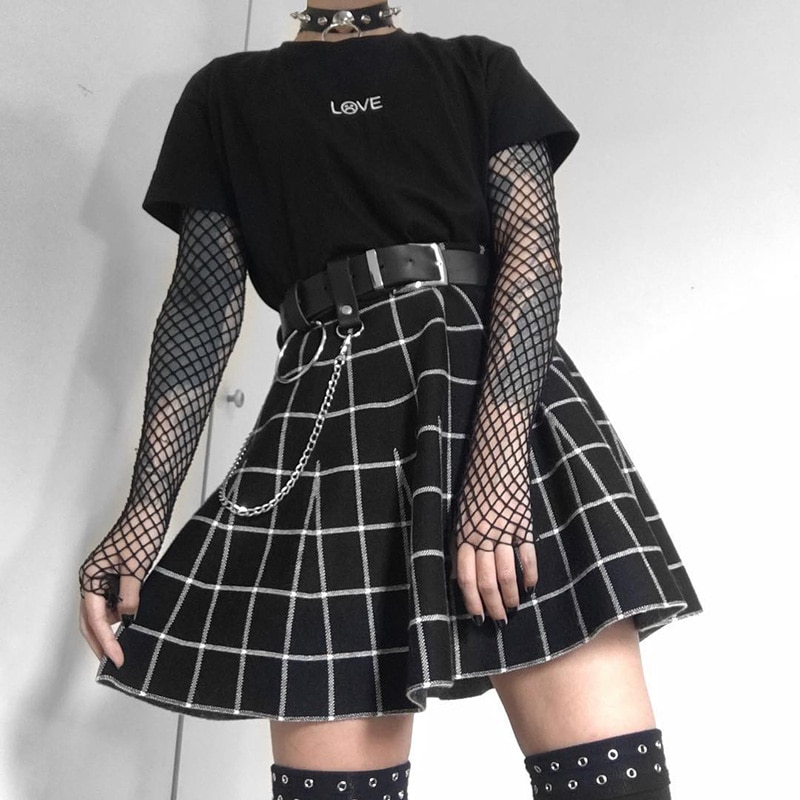 Egirl Grunge High Waist Black Plaid Skirt