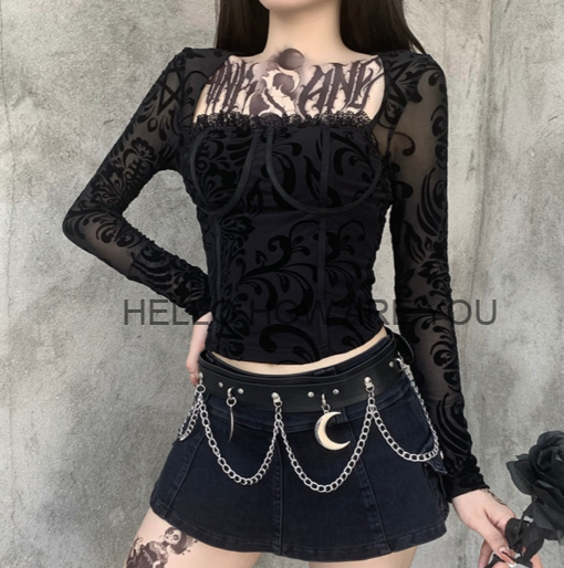 Vintage Sexy Black Gothic Mesh Long Sleeve Top