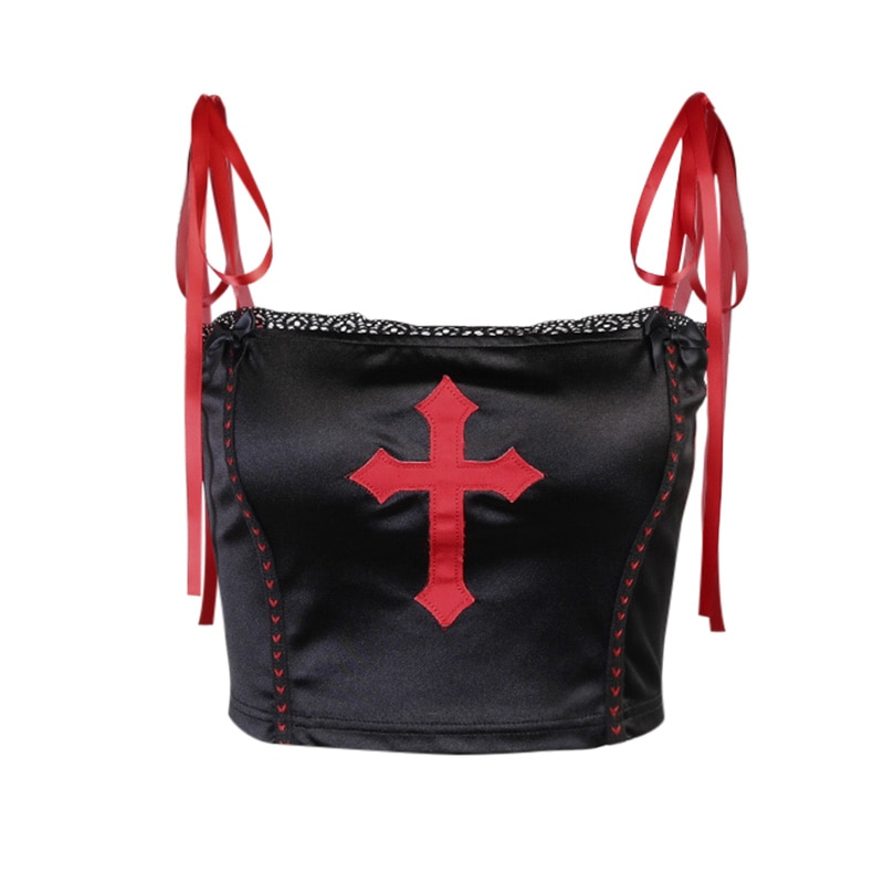 Gothic eGirl Red Cross Lace Up Crop Top