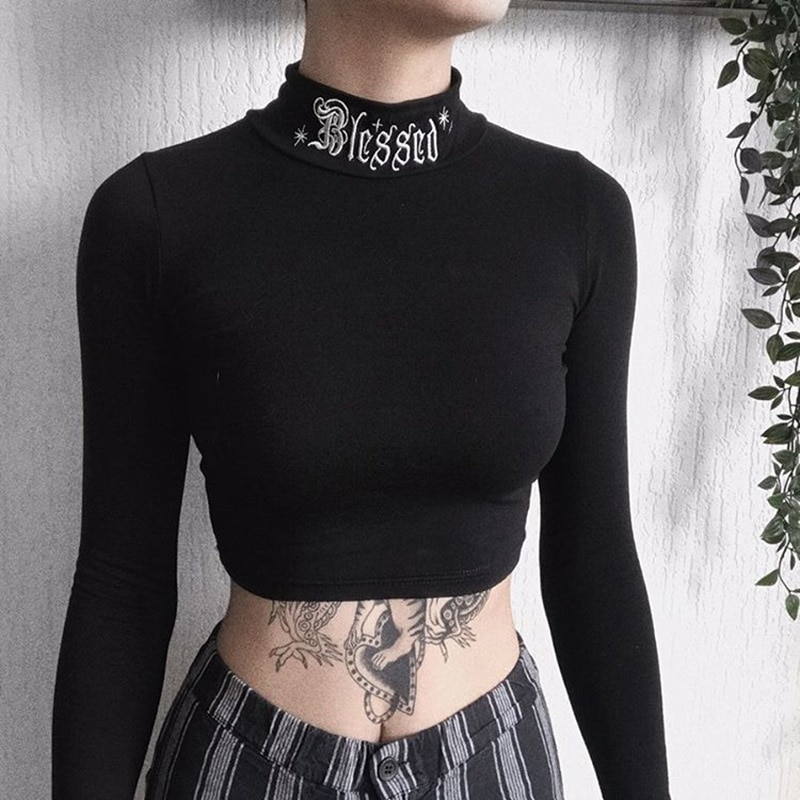 Black Gothic eGirl Long Sleeve Crop Tops