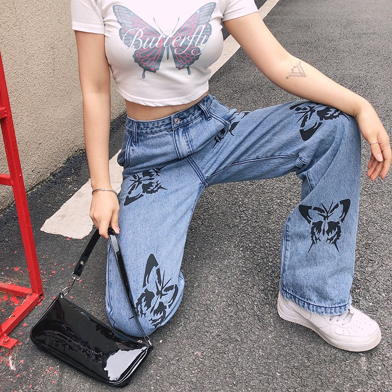 Egirl Streetwear Butterfly Printed Straight Jean