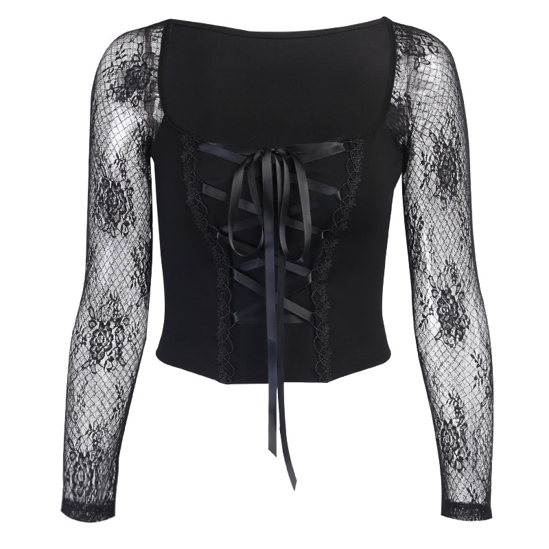 Vintage Elegant Black Lace Gothic eGirl Mesh Long Sleeve Top