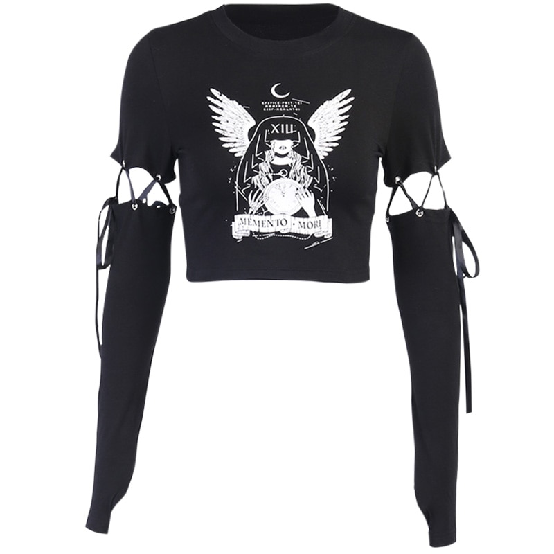 Gothic eGirl Witch Printed Long Sleeve Crop Top