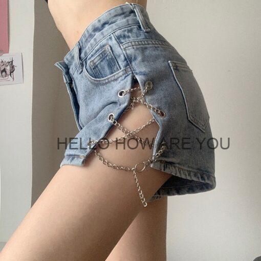 Egirl Streetwear with Chains Split Jean Short
