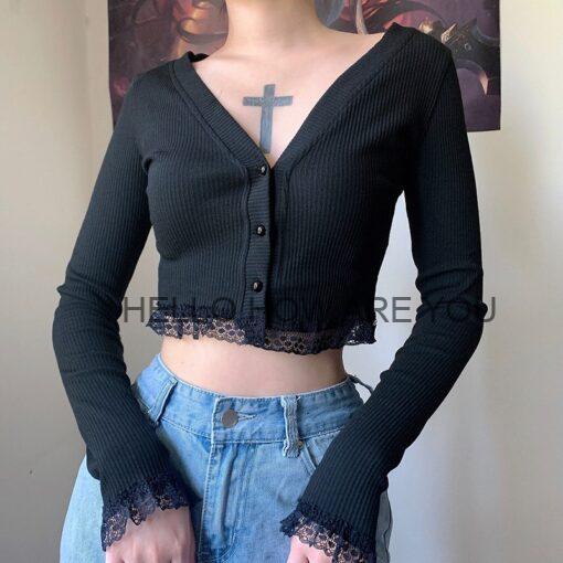 Vintage Gothic eGirl Lace V Neck Long Sleeve Crop Top