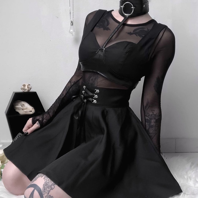 High Waist Pleated Lace Up Gothic eGirl Skirt