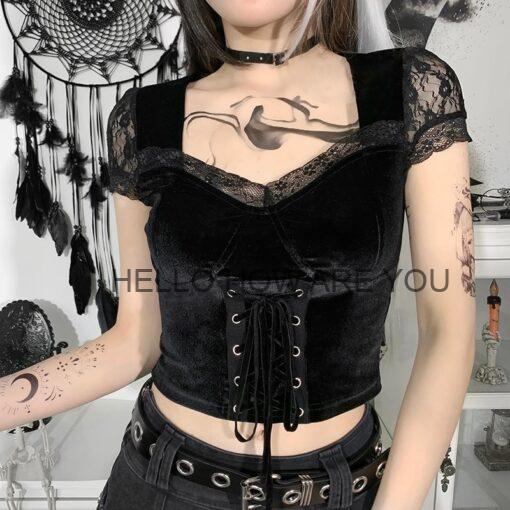 Elegant Gothic eGirl Aesthetic Short Sleeve Crop Top