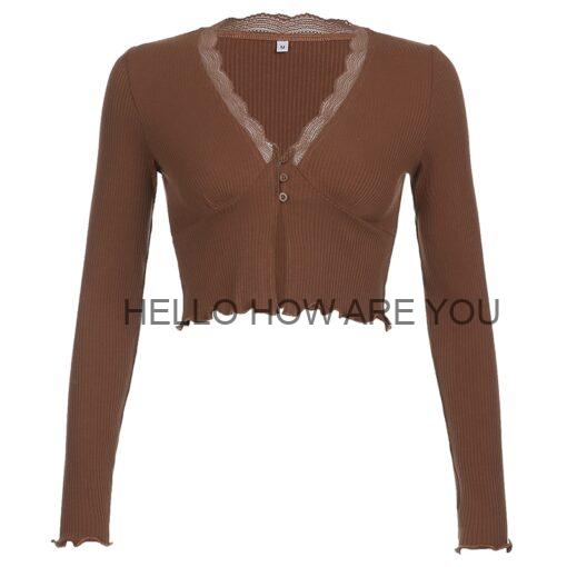 Retro Long Sleeve Frill Lace Split Style Crop Top