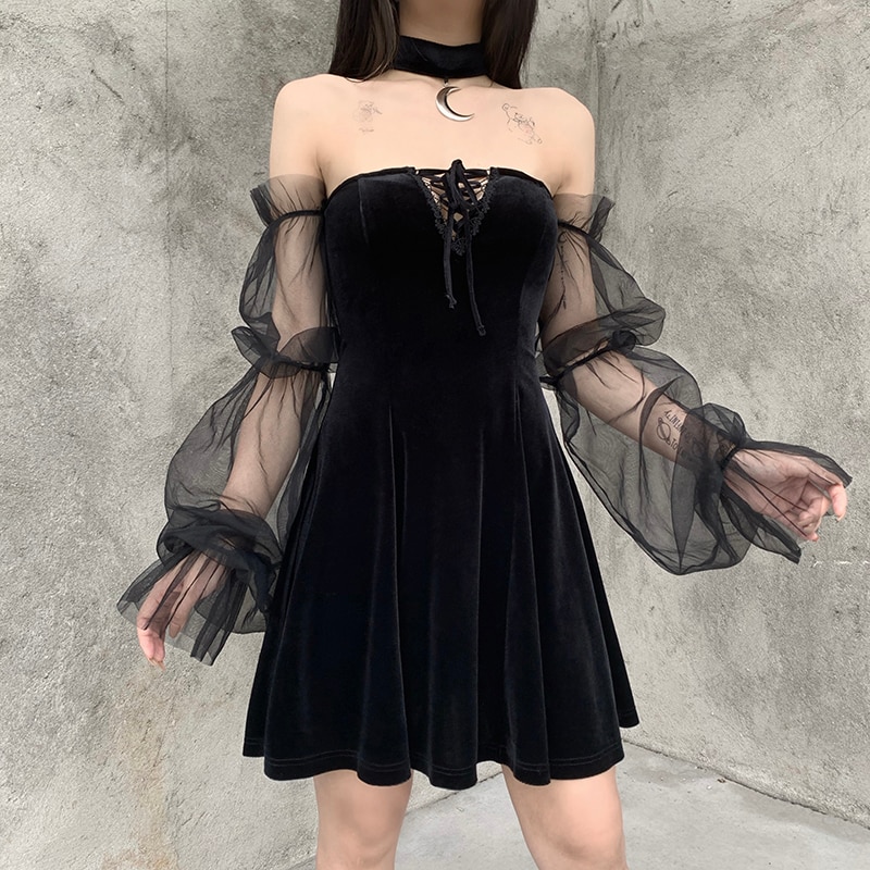 Gothic eGirl Vintage Aesthetic Long Sleeve Mesh Dress
