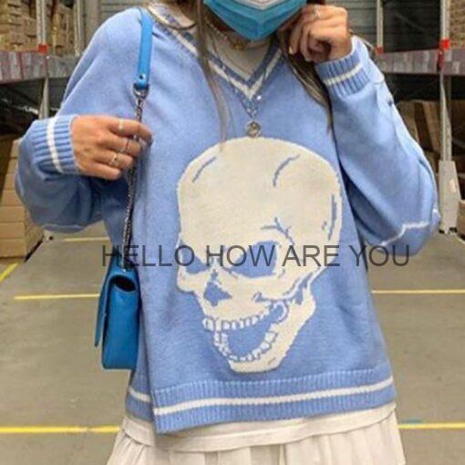 Cute Egirl Skull Print V Neck Knitted Harajuku Sweater