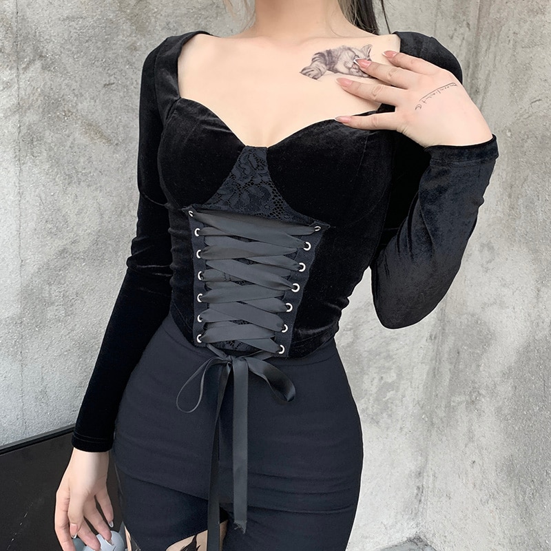 Aesthetic Vintage Lace Goth Long Sleeve Top