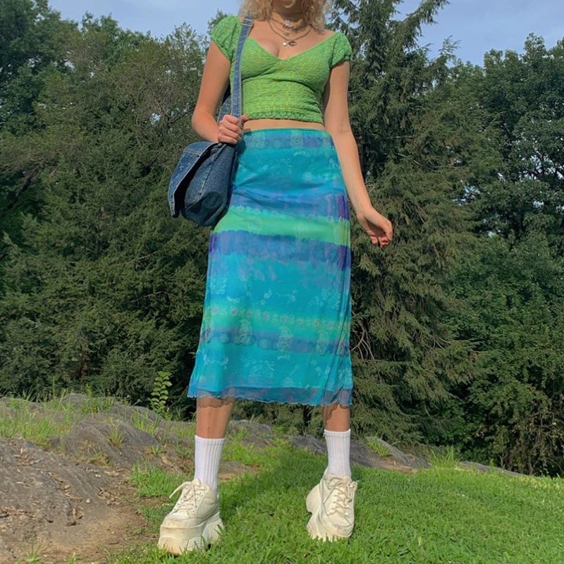 Egirl Mesh Floral Print Striped Midi Skirt